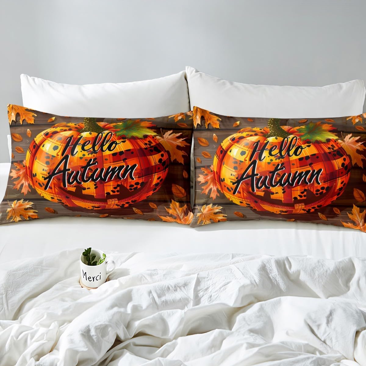 Manfei Sábana bajera ajustable de calabaza de otoño, tamaño matrimonial, funda de cama de calabaza de leopardo a cuadros con 2 fundas de almohada,