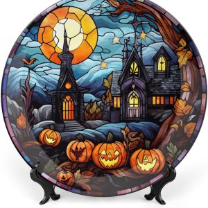 Platos decorativos de Halloween, diseño de casa embrujada, escena nocturna, vitral, placa de cena de cerámica para el hogar con soporte de Platos decorativos de Halloween, diseño de casa embrujada, escena nocturna, vitral, placa de cena de cerámica para el hogar con soporte de