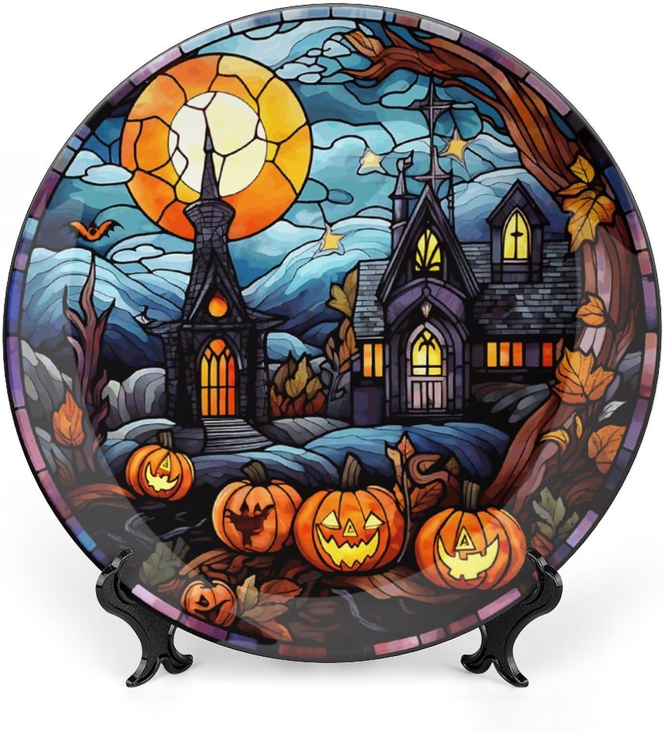 Platos decorativos de Halloween, diseño de casa embrujada, escena nocturna, vitral, placa de cena de cerámica para el hogar con soporte de