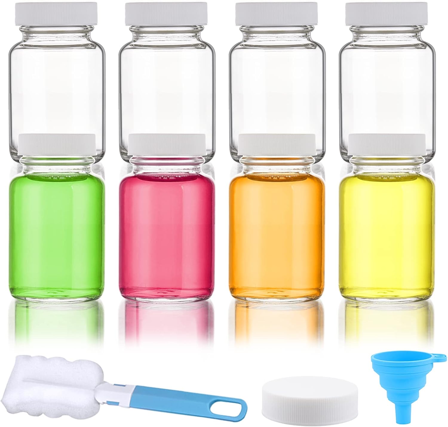 LOVLLE Botellas de vidrio para zumo con tapas, paquete de 8 frascos pequeños transparentes reutilizables de 2 onzas con tapas para exprimir líquidos