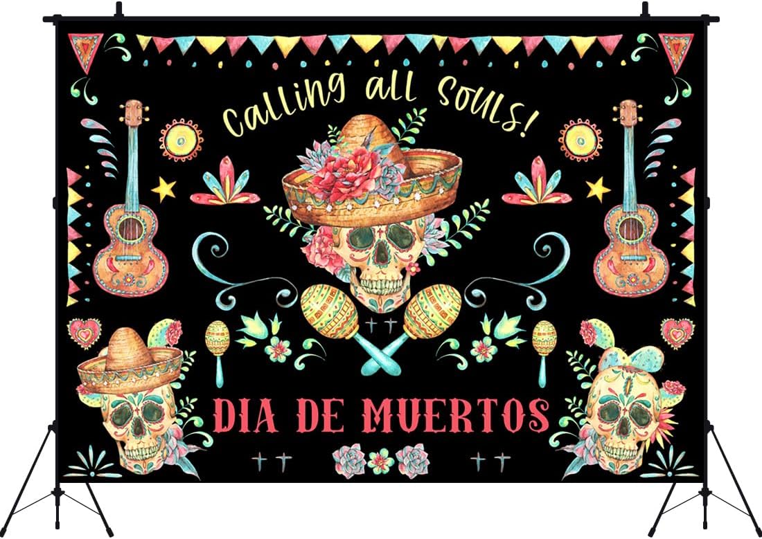 Aperturee Telón de fondo del Día de los Muertos de 7 x 5 pies para fiesta mexicana, flores de calavera de azúcar, fondo de fotografía Dia DE Los