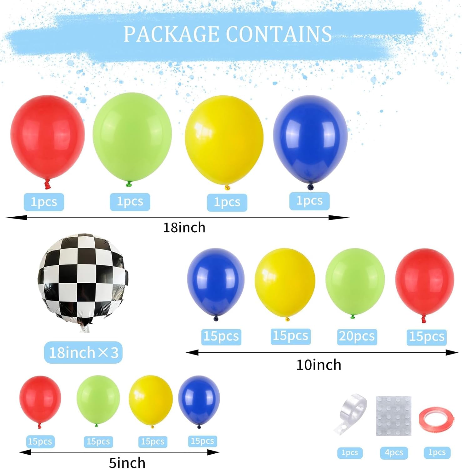 Kit de arco de globos, kit de guirnalda de globos rojo, azul, verde, amarillo, con cuadrícula negra y blanca de aluminio para decoraciones de