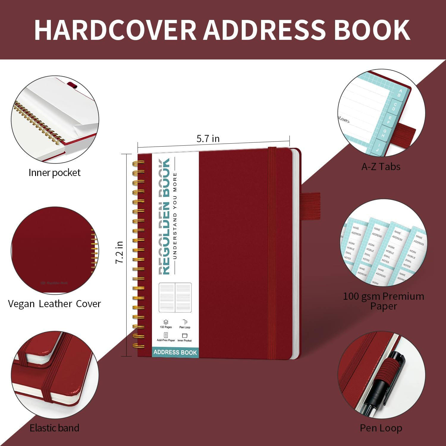 Regolden-Book Libreta de direcciones con pestañas alfabéticas, organizador de direcciones de tapa dura para contactos de registro, agenda telefónica