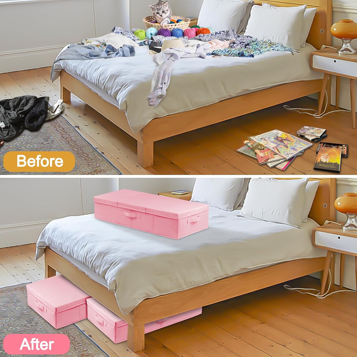 punemi Almacenamiento debajo de la cama con tapas, paquete de 2 contenedores de almacenamiento rosas para niñas e hija, caja organizadora de cajones