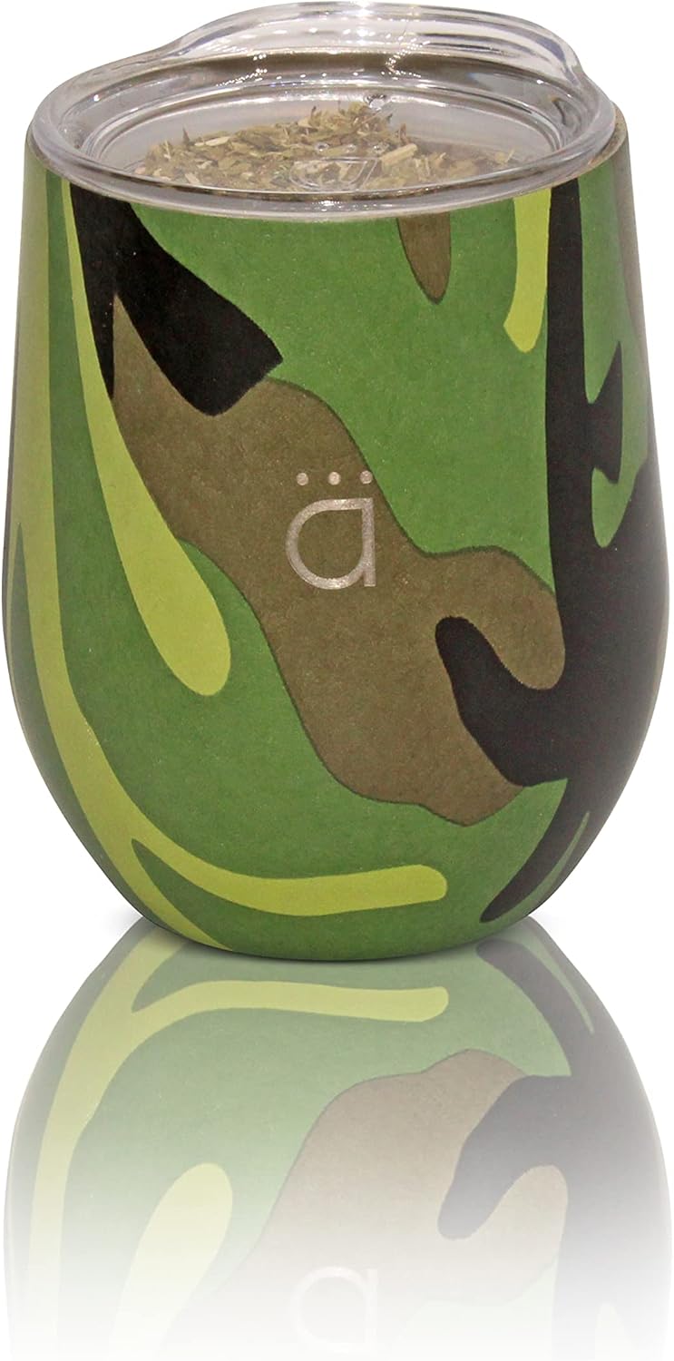 Kalmateh Yerba Mate Gourd – Acero inoxidable de doble pared con tapa sin BPA, filtro de bombilla y limpiador de bombilla, verde camuflaje, 8 onzas