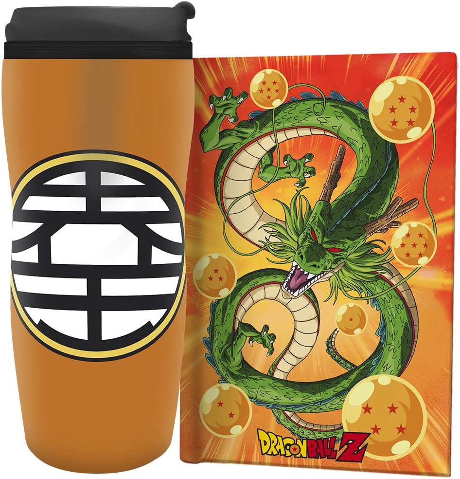 ABYstyle El juego de regalo de Dragon Ball Z incluye vaso DBZ con símbolo de Kame de 12 onzas, Shenron de tapa dura y 7 bolas de dragón, cuaderno de