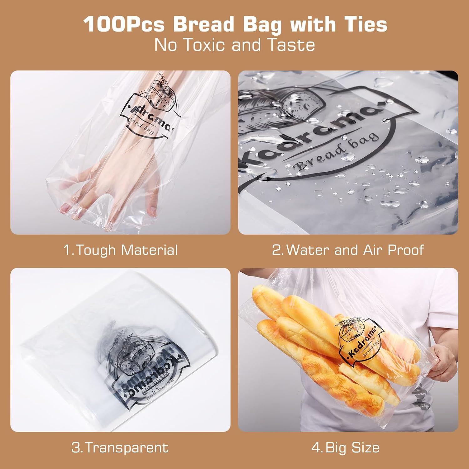 Panera y bolsas de pan con lazos, 100 piezas para encimera de cocina, contenedor de almacenamiento de pan para pan casero, bolsas de pan