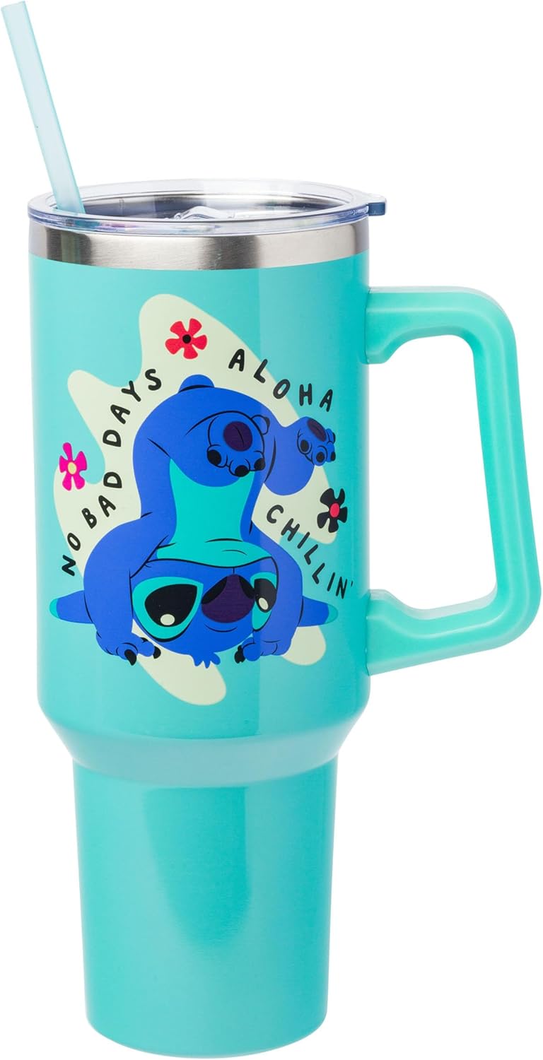 Silver Buffalo Disney Lilo and Stitch Aloha – Vaso de acero inoxidable con asa y pajilla, se adapta al portavasos estándar, 40 onzas
