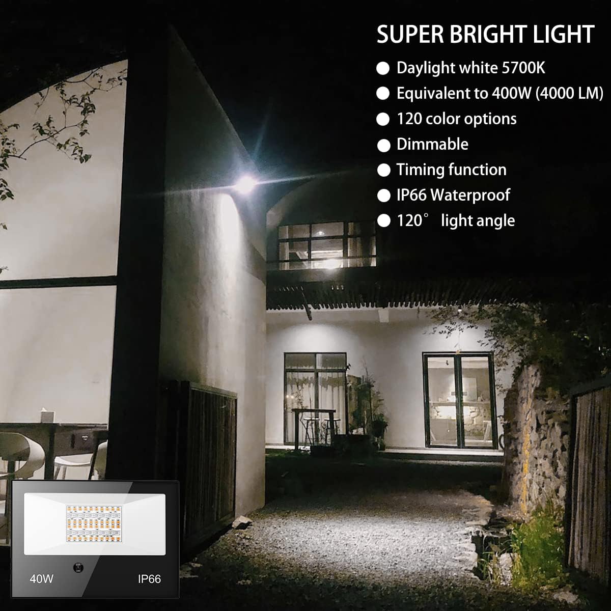 Luz de inundación RGB LED para interiores y exteriores, 40 W, equivalente a 400 vatios, luz diurna blanca de 5700 K, iluminación de paisaje que