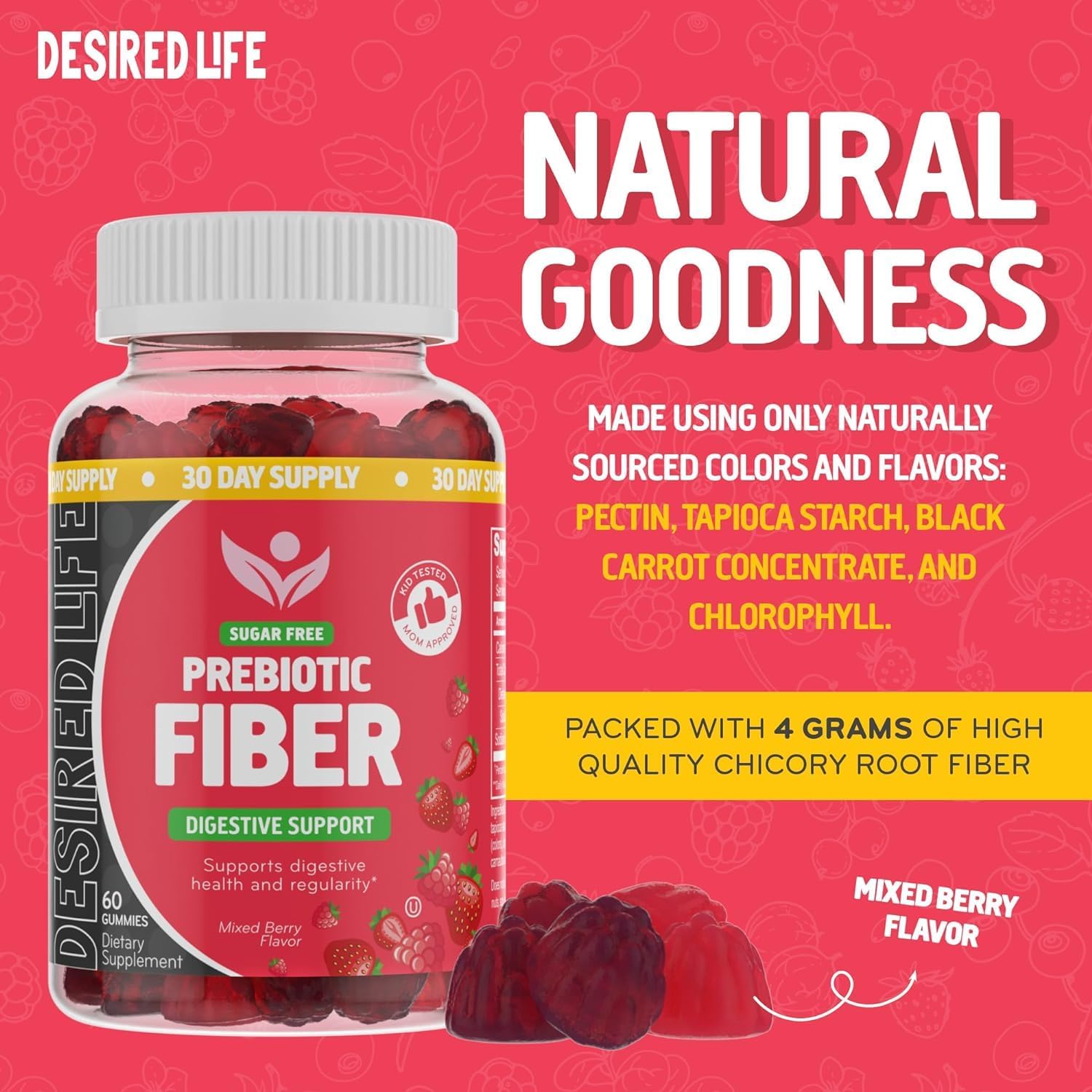 Desired Life Prebiotic Fiber Gummies for Adults and Kids  4g Sugar Free Natural Berry Flavored Gummies – Supports Digestive Health and Metabolism.