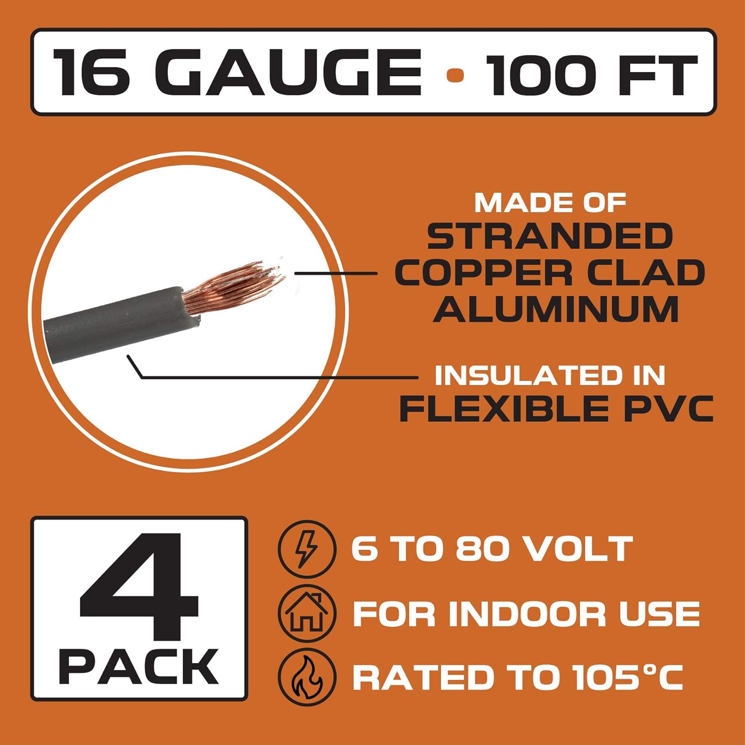 Iron Forge Cable Cable automotriz primario de calibre 16, paquete surtido de 4 rollos, 100 pies de alambre de aluminio revestido de cobre por rollo