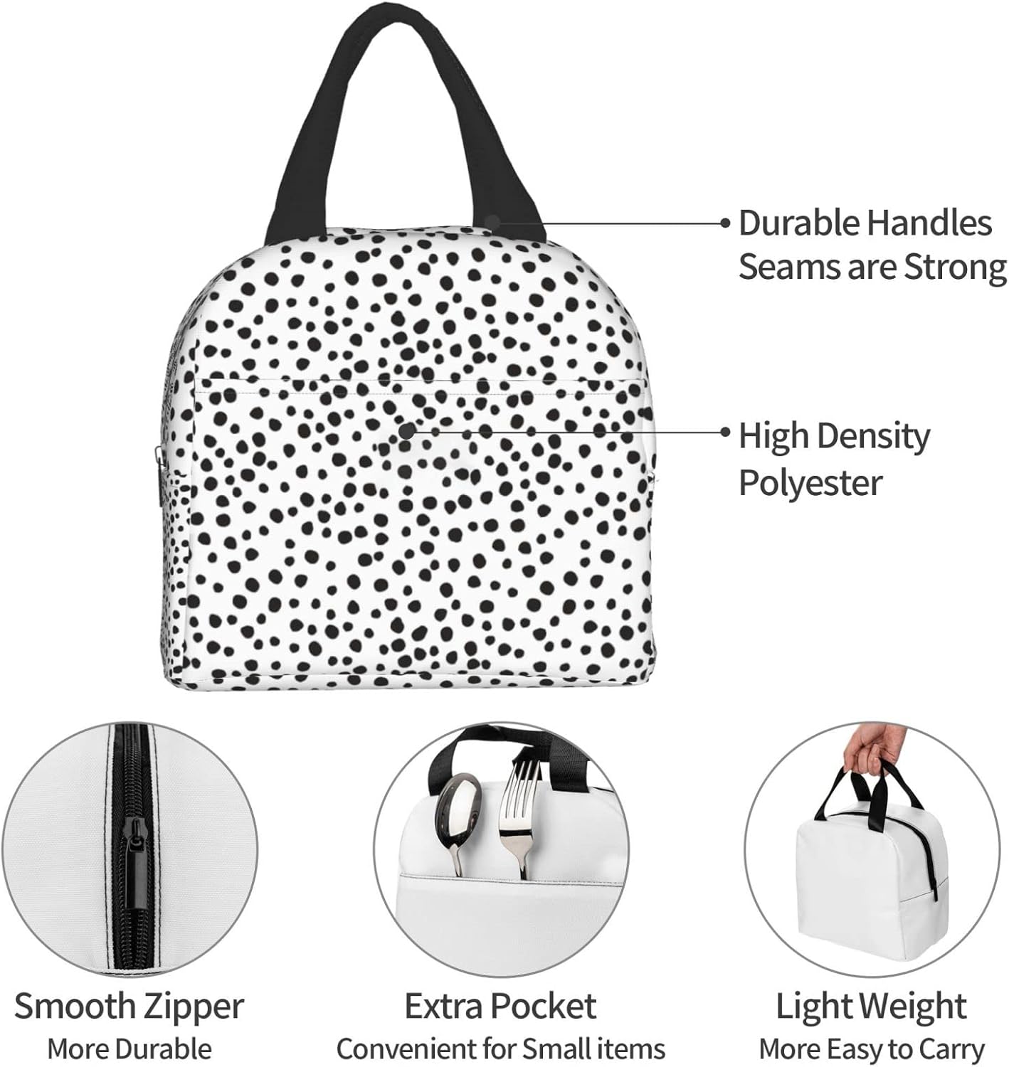 Lonchera estética de lunares para mujeres, niños, adolescentes, niñas, niños, bolsa de almuerzo aislada, reutilizable, personalizada, elegante, para