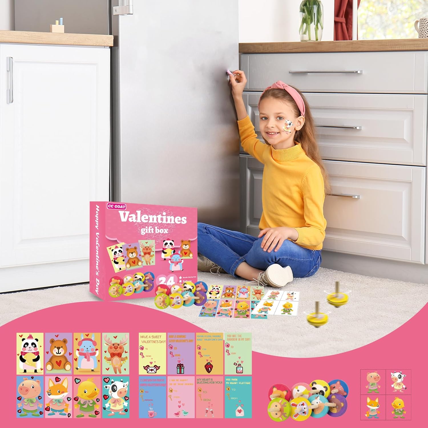 96 juguetes de San Valentín para clase, tarjetas de intercambio del día de San Valentín para niños, tapas giratorias de madera, calcomanías de