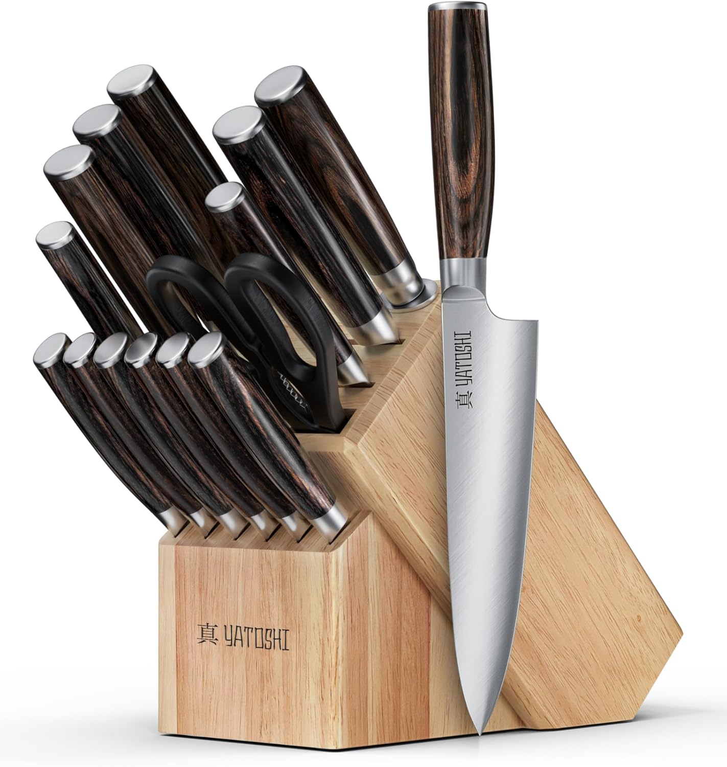 Yatoshi – Juego de 15 cuchillos de acero inoxidable de alto carbono ultra afilado con mango ergonómico