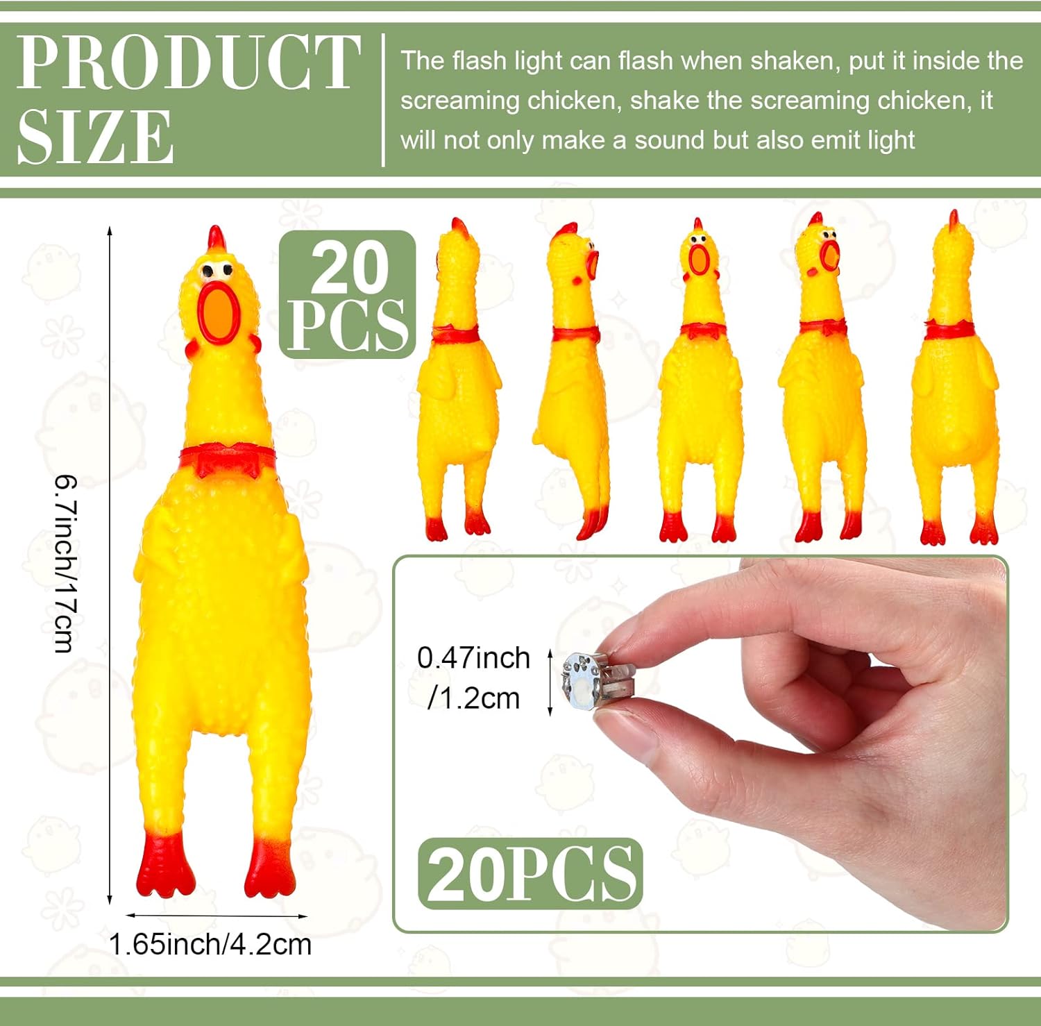 Paquete de 20 juguetes de pollo de goma parpadeantes con 20 bolas luminosas, pollo gritando LED brillante chillando pollo chirriante que encoge el