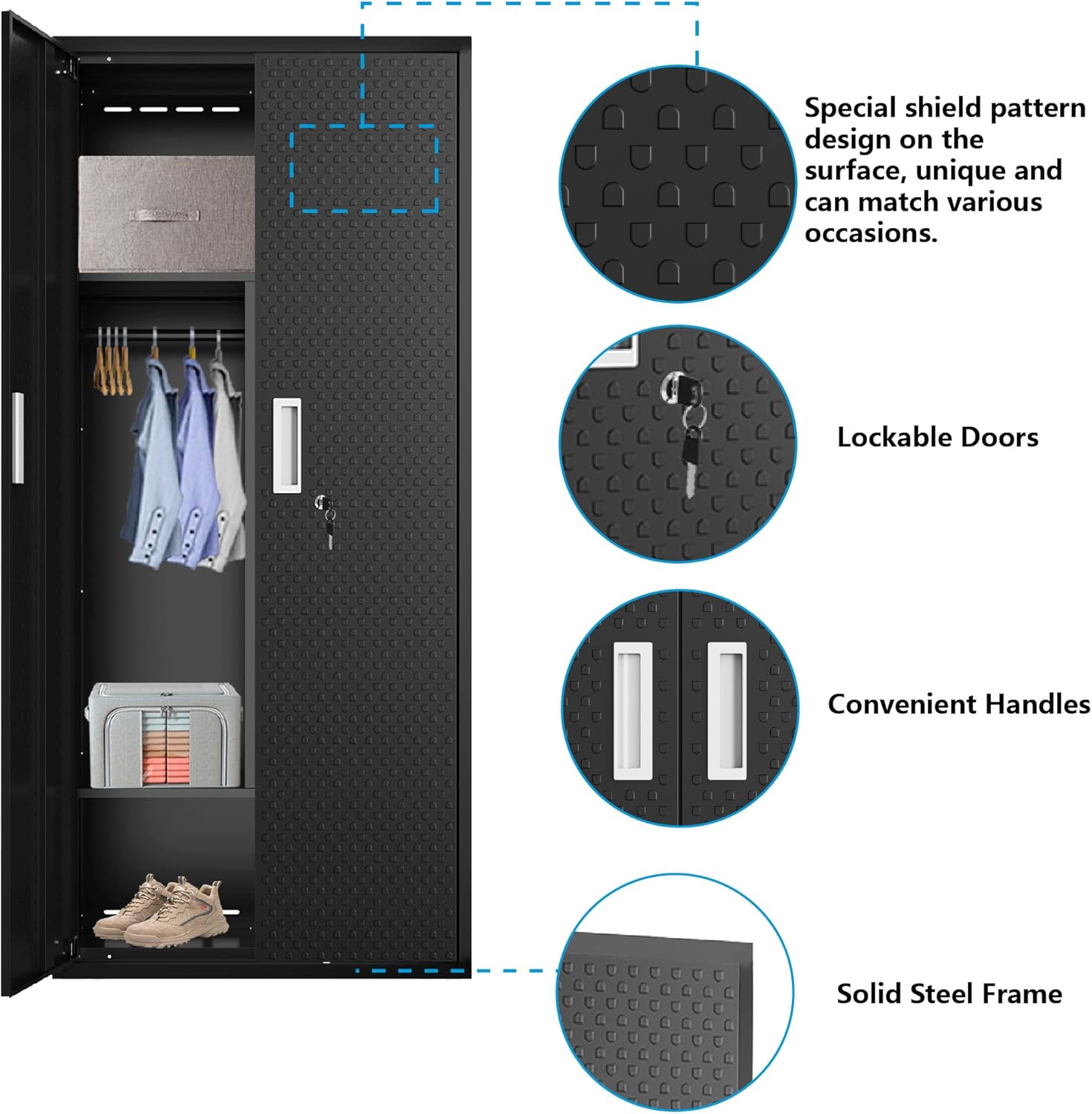 Metal Storage Cabinets Locker for Home Office, 71″ Garage Storage Cabinet with Lockable Door, Adjustable Shelves and Hanging Rod, Steel Wardrobe