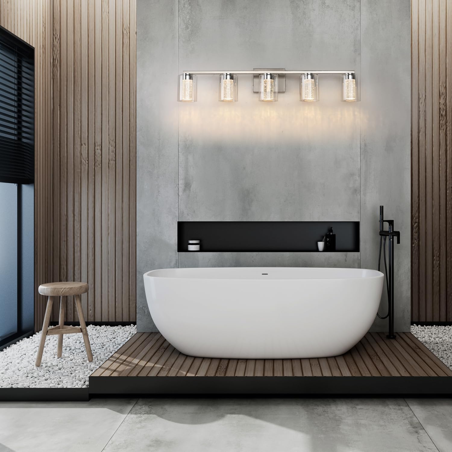 Lámpara de tocador de 5 luces de níquel cepillado con 3 modos de color (3000 K4000 K6500 K), lámpara LED de baño con protección ocular, luz de pared