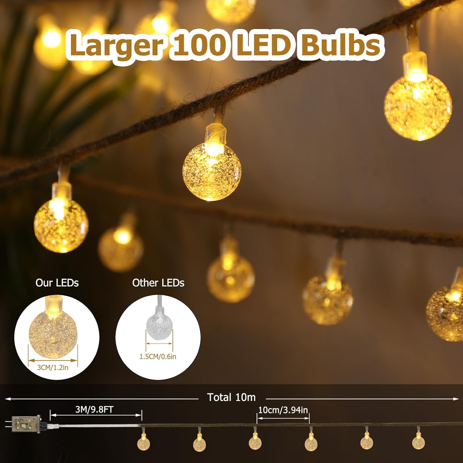 Guirnalda de luces para exteriores, 100 luces LED de 33 pies, globo de cristal, impermeables, luces para exteriores, estilo cordel, control remoto,