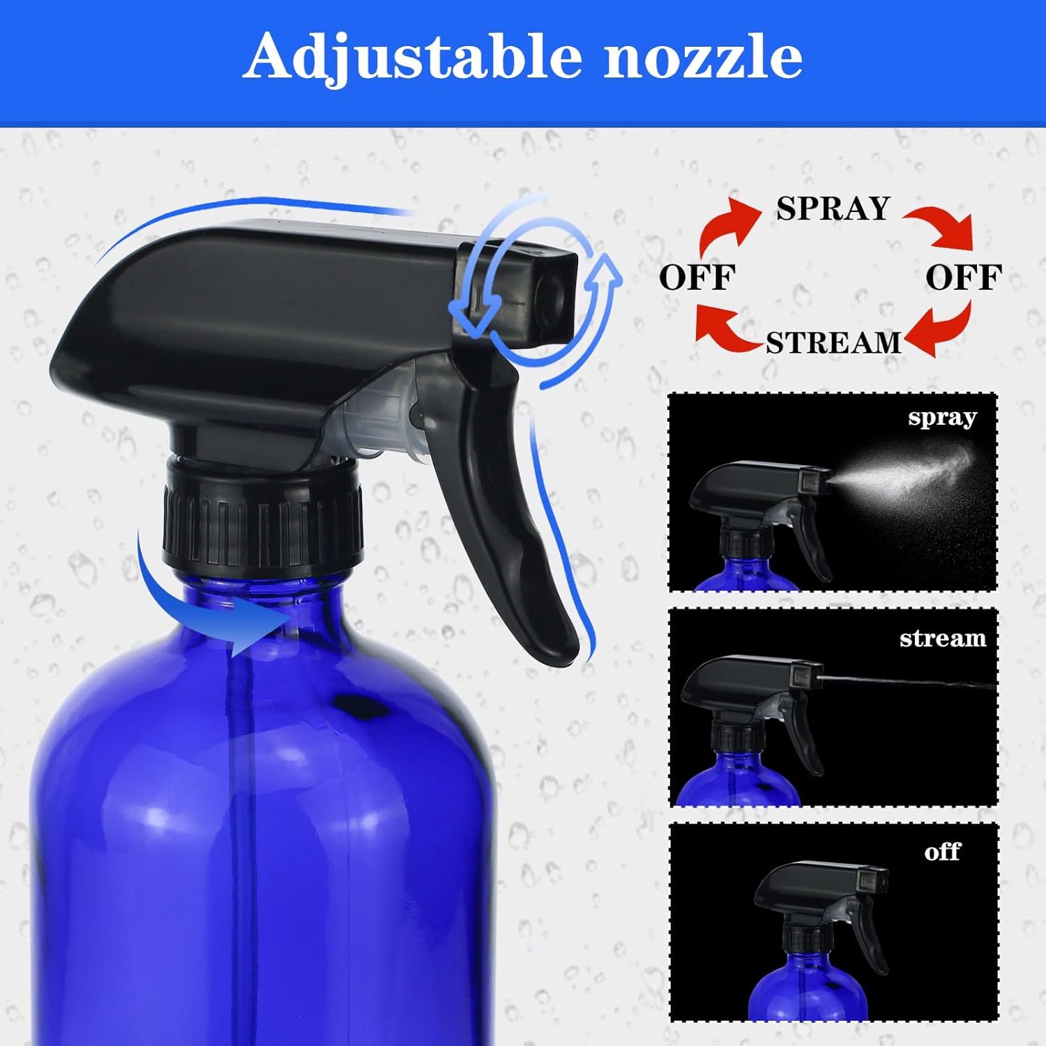 2 botellas rociadoras de vidrio, botella de spray azul vacía recargable de 16 onzas con boquillas de pulverización de niebla fina ajustables,