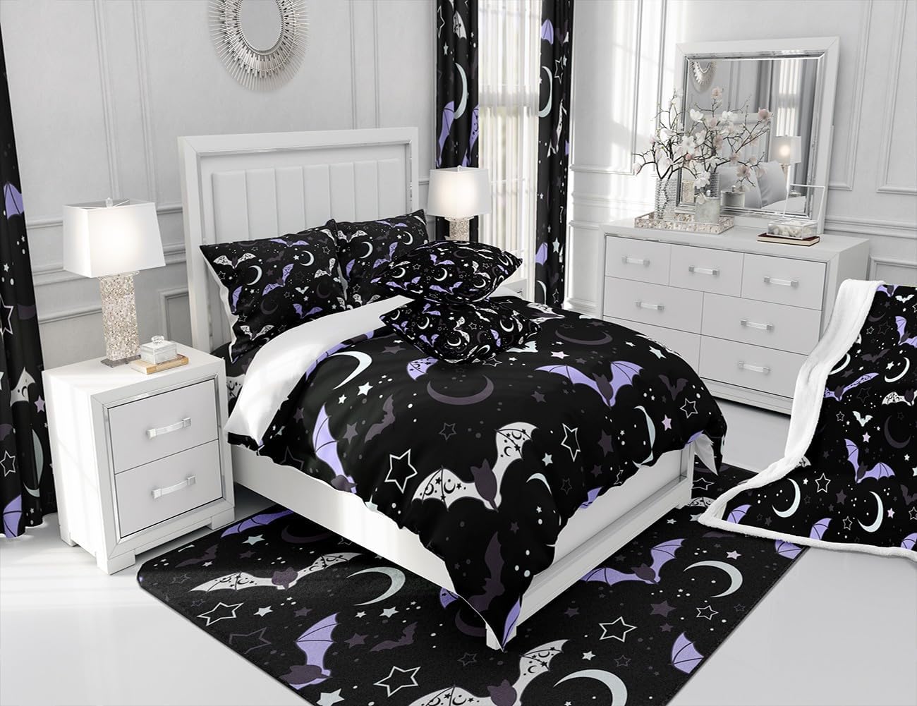 Feelyou Juego de funda de edredón con diseño de murciélagos, tamaño King, juego de ropa de cama de Halloween para niños y niñas, estampado de