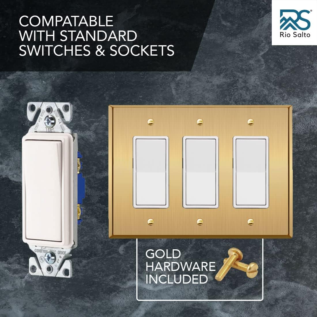 Placa de pared de metal dorado triple para interruptor de luz o cubierta de enchufe, placa de pared resistente a la corrosión para receptáculo,