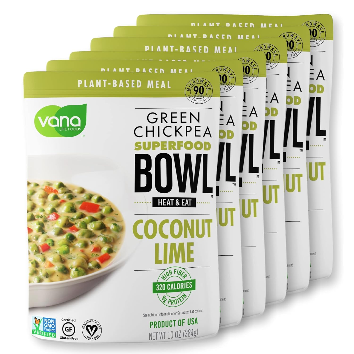 Vana Life’s Foods – Comida preparada a base de plantas, tazón de superalimento de garbanzos verdes, cuenco cocido para microondas para calentar y