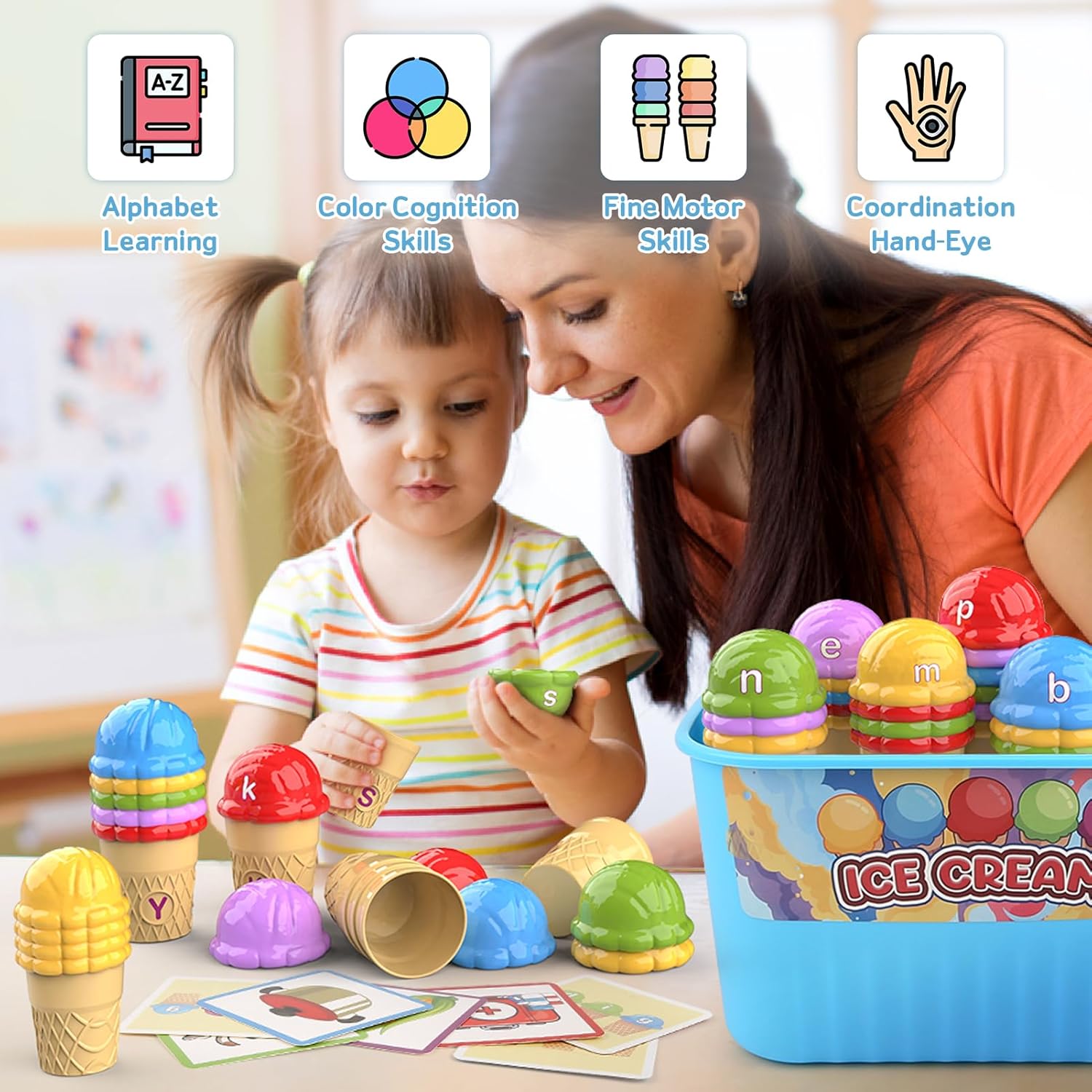 Juguetes de aprendizaje de helado del alfabeto, clasificación de color del alfabeto ABC, juguetes Montessori de cognición fónica para niños