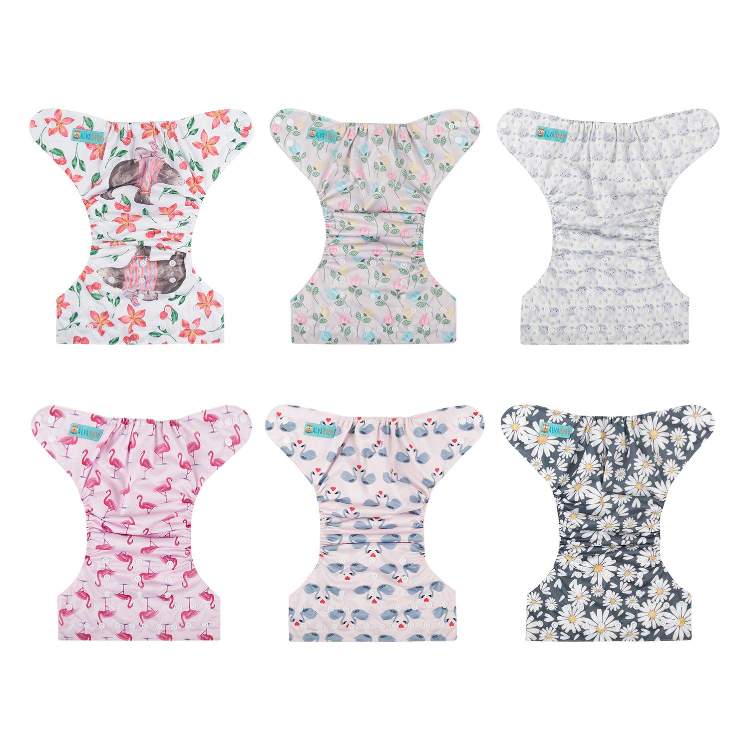 ALVA Pañal de tela de talla única, ajustable, lavable, reutilizable para bebés y niñas, paquete de 6 con 12 insertos 6DM61