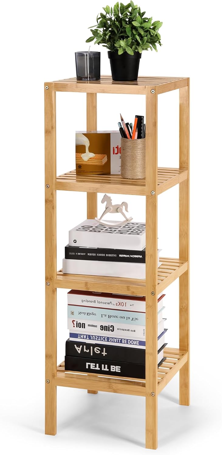 SIMEFUL 4-Tier Narrow Bathroom Shelf, Bamboo Corner Rack Book Shelving Unit, Plant Stand Wood Shelf, Multifunctional Storage Rack for Living Room,