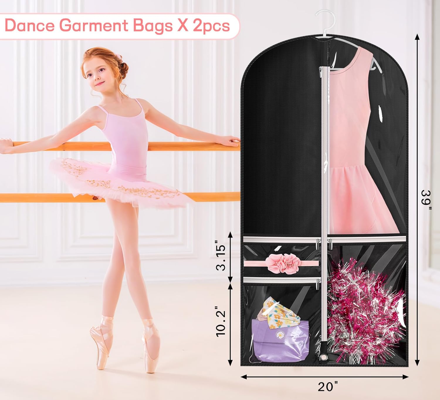 Kimbora Bolsa de ropa para baile de disfraces con 3 bolsillos transparentes con cremallera para trajes, funda de vestido, almacenamiento de viajes y