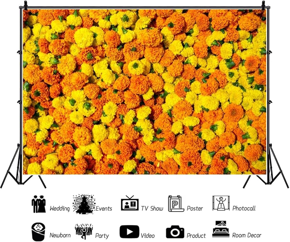 Telón de fondo de flores de caléndula amarilla y naranja de 5 x 3 pies, guirnalda floral de pared, fondo de fotografía de cumpleaños, boda, baby