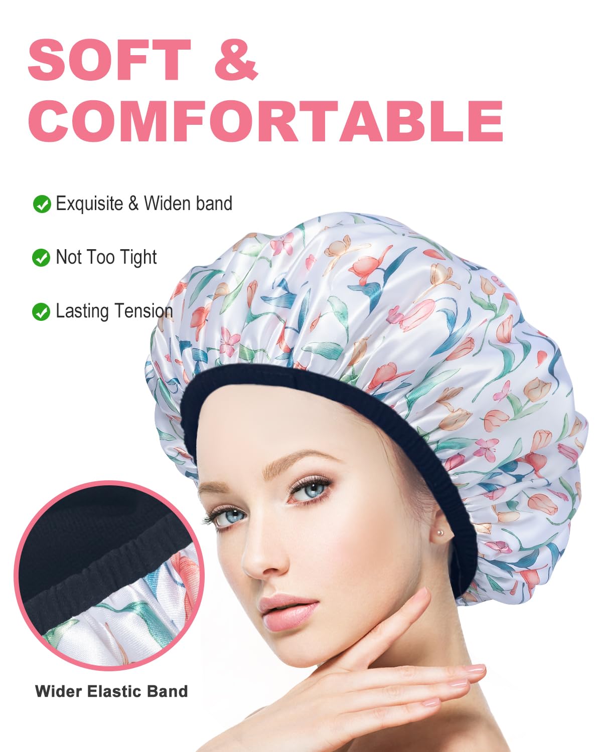 Aquior Gorro de ducha con forro de rizo para mujer, gorro de ducha reutilizable, triple capa impermeable, extra grande para mujeres de pelo largo