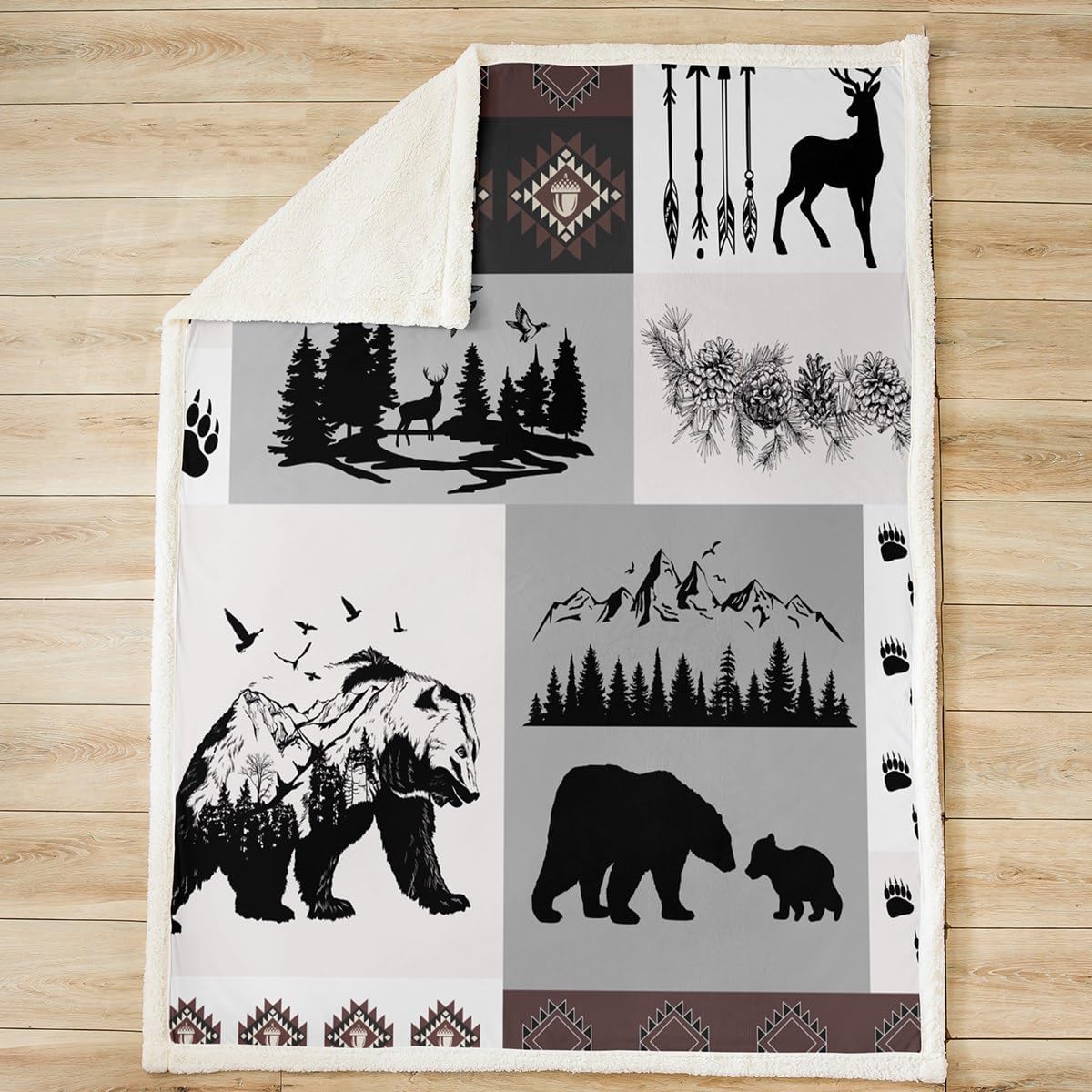 Manfei Manta rústica de granja, manta de retazos con diseño de oso y ciervo, para niños y adultos, manta temática de aventura para sofá, manta de