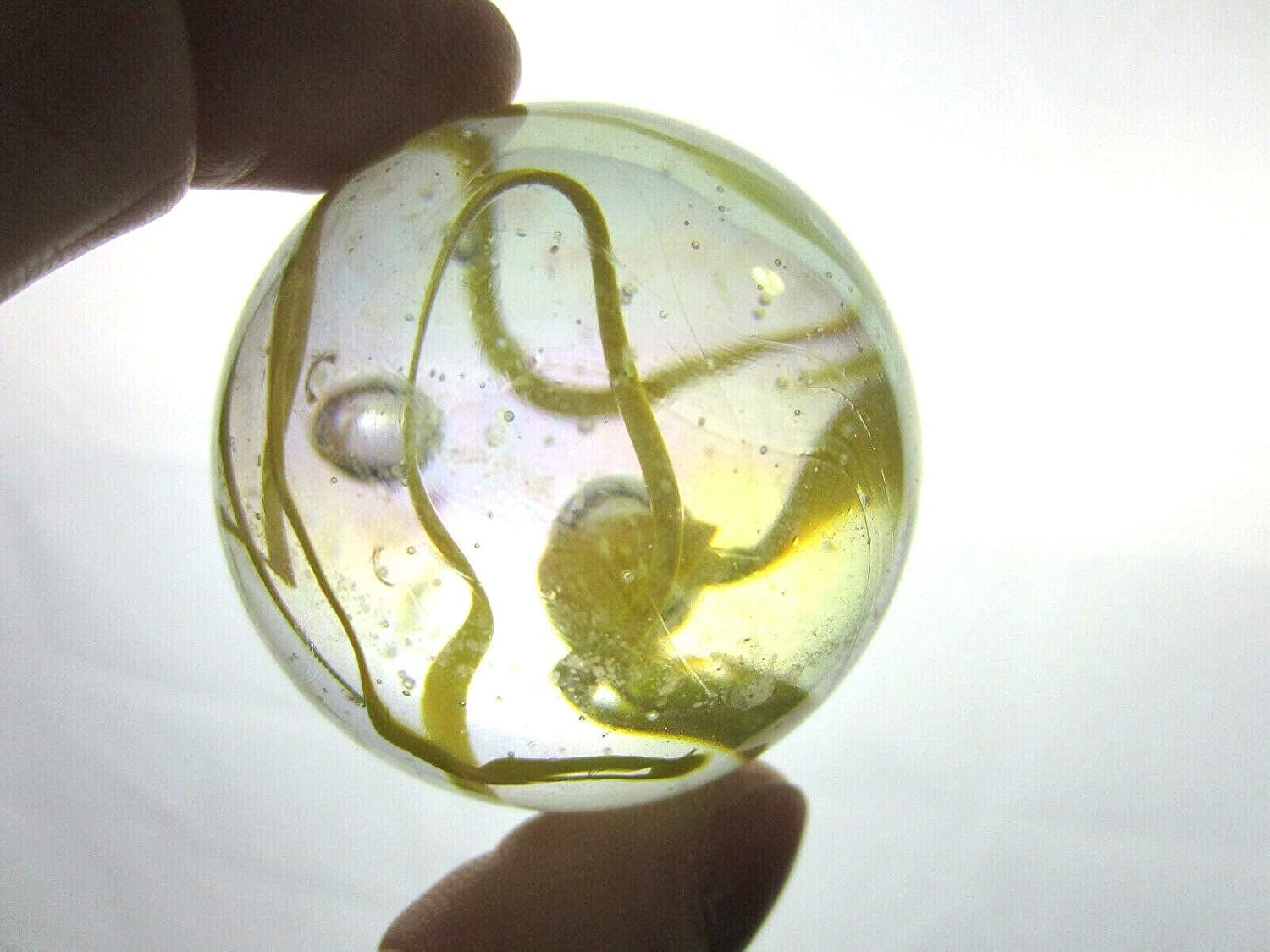 Grande de 2 pulgadas (1.969 in) amarillo con soporte de exhibición, bola de vidrio de mármol de burbujas iridiscentes, grande, grande, transparente,