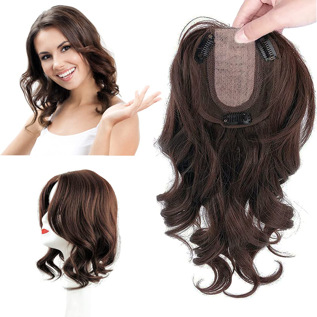 Peluquillos ondulados naturales de 14 pulgadas para mujer, 13.8 in x 4.7 pulgadas, parte media con clip en la corona, pieza de cabello marrón claro,