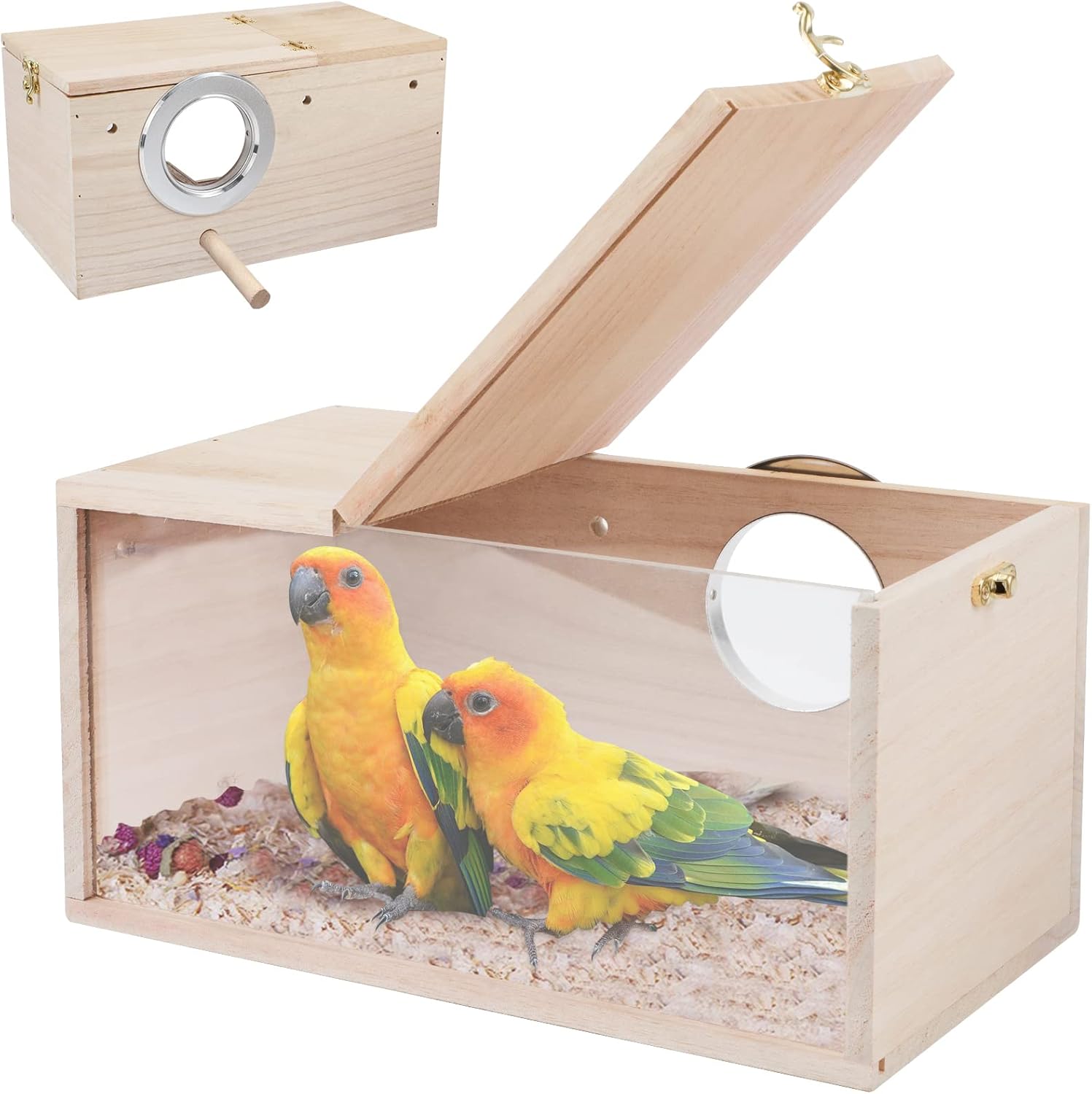 Rypet Caja de nido de periquitos con diseño transparente, caja de cría de nido de pájaros con perca de madera para pájaros de cacatúa, agapornis,