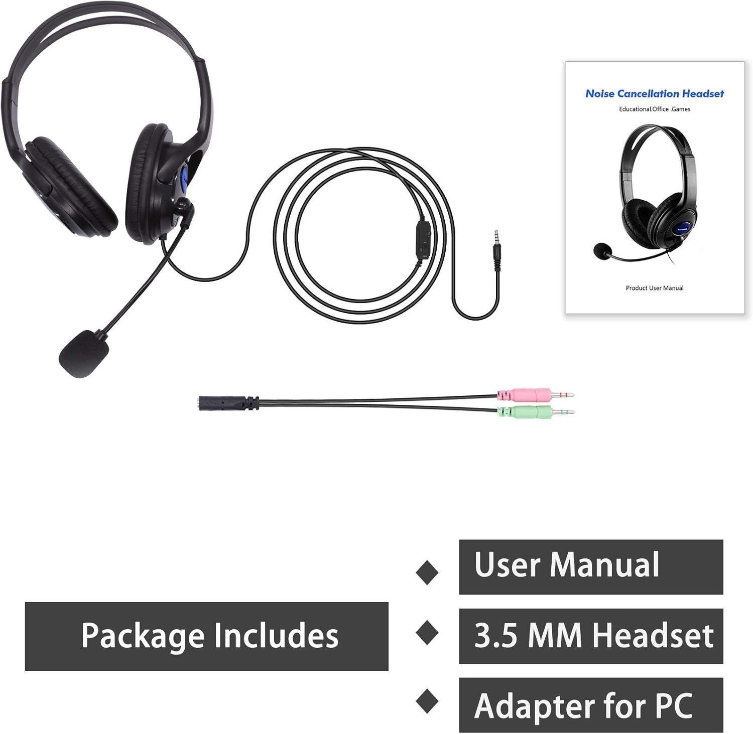 Auriculares de computadora de 0.138 in con micrófono, auriculares de oficina de ajuste cómodo con control de volumen en línea, auriculares sobre la