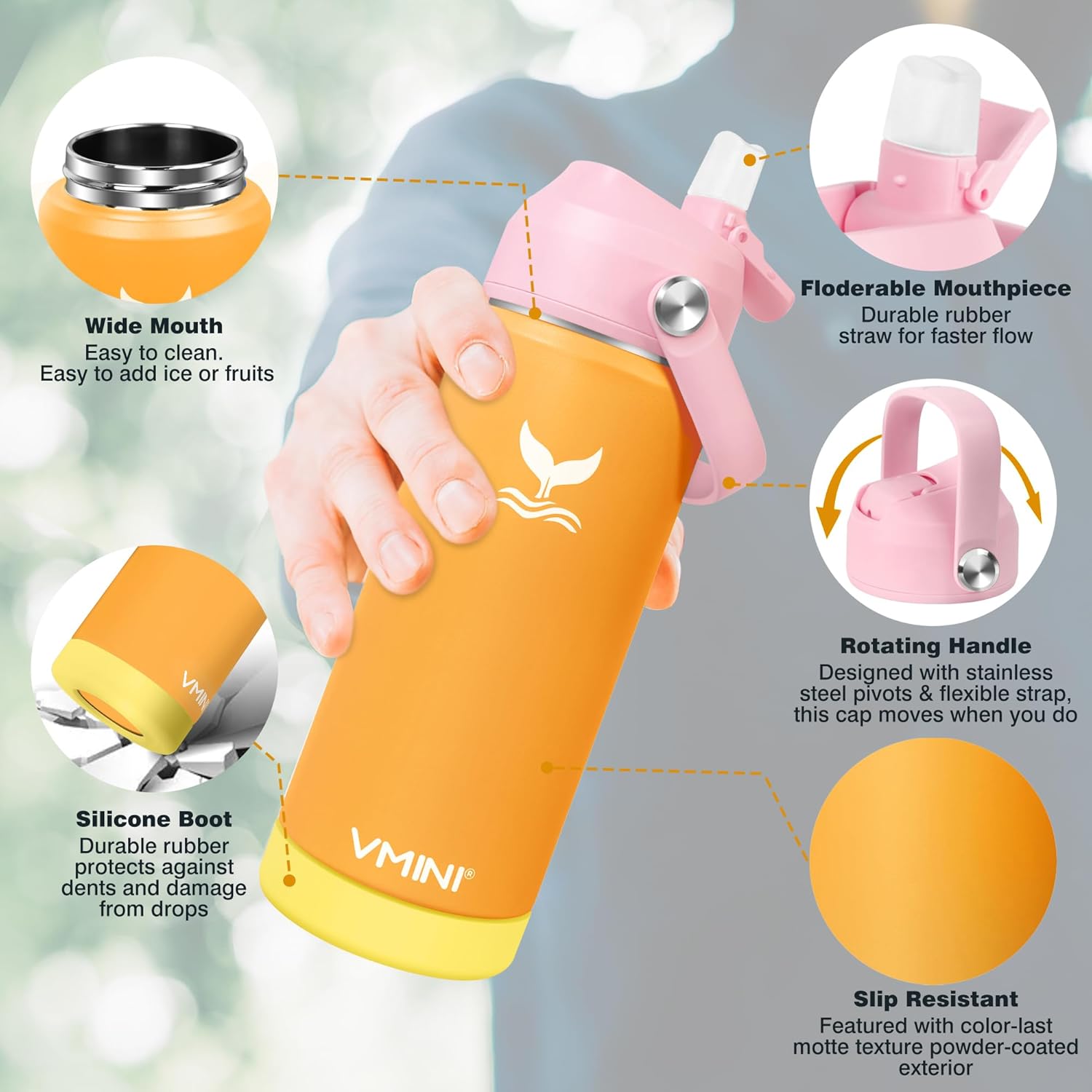 Botella de agua, botella de agua aislada con popote y bota, botella de agua de acero inoxidable para deportes y viajes, termo aislado para hombres,