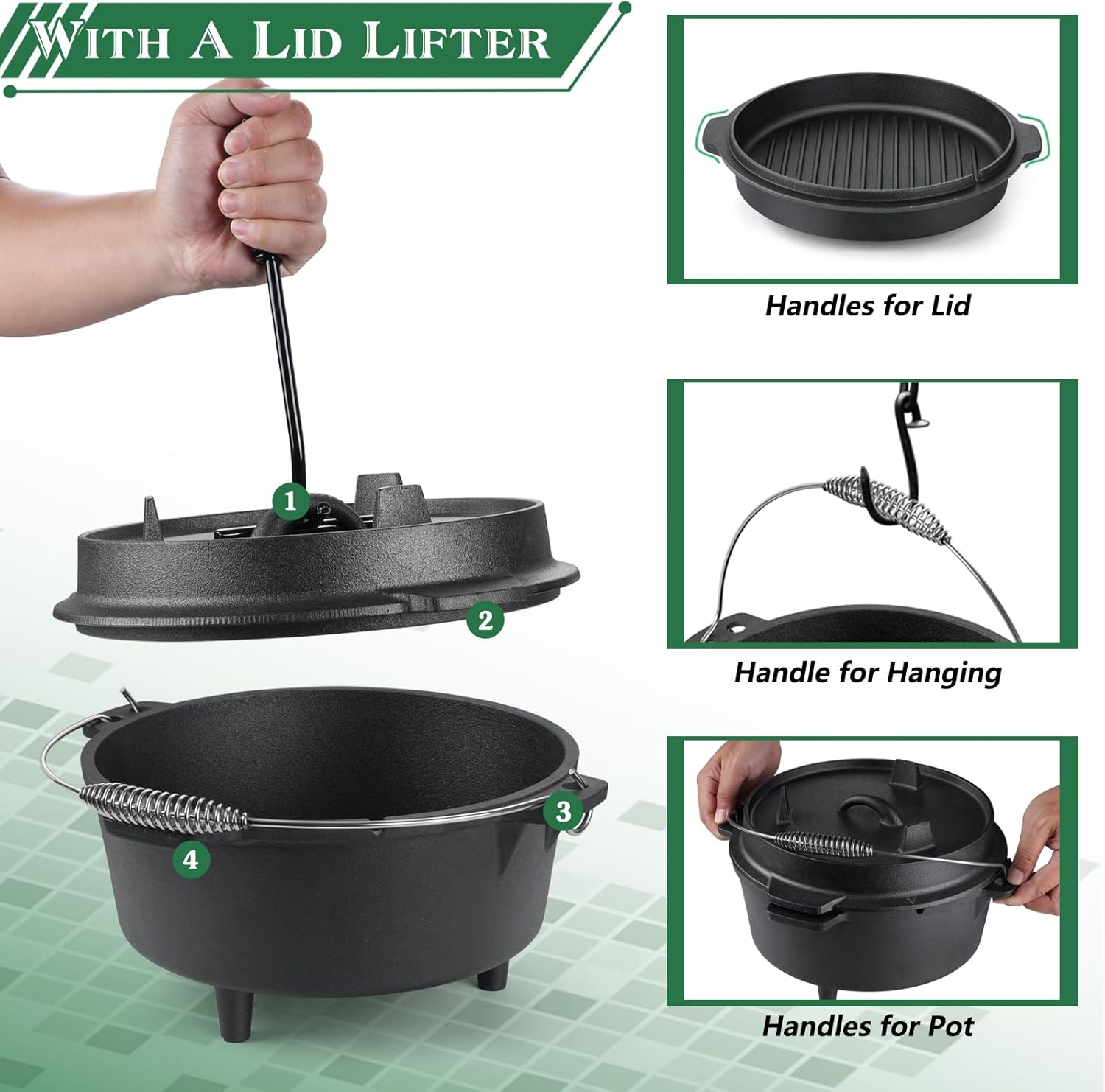 HaSteeL – Horno holandés de hierro fundido de 5 cuartos de galón, olla de campamento presazonada y levantador de tapa, olla profunda grande y