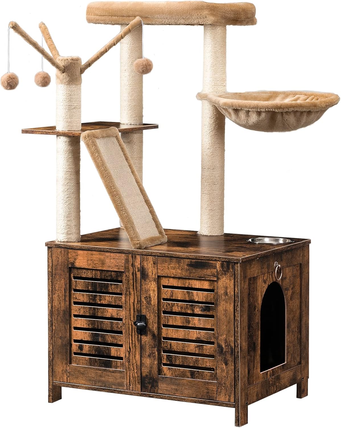 Árbol para gatos con caja de arena, torre de madera para gatos de 44 pulgadas de alto con postes rascadores, hamaca para gatos, muebles de caja de