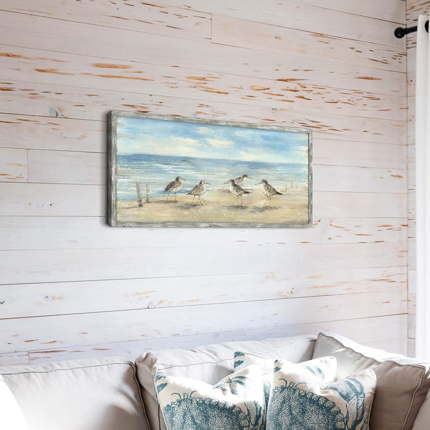 Pintura enmarcada costera para decoración de pared arte abstracto de pared del océano de 40 x 20 pulgadas, gaviotas estilo pintura al óleo, imagen