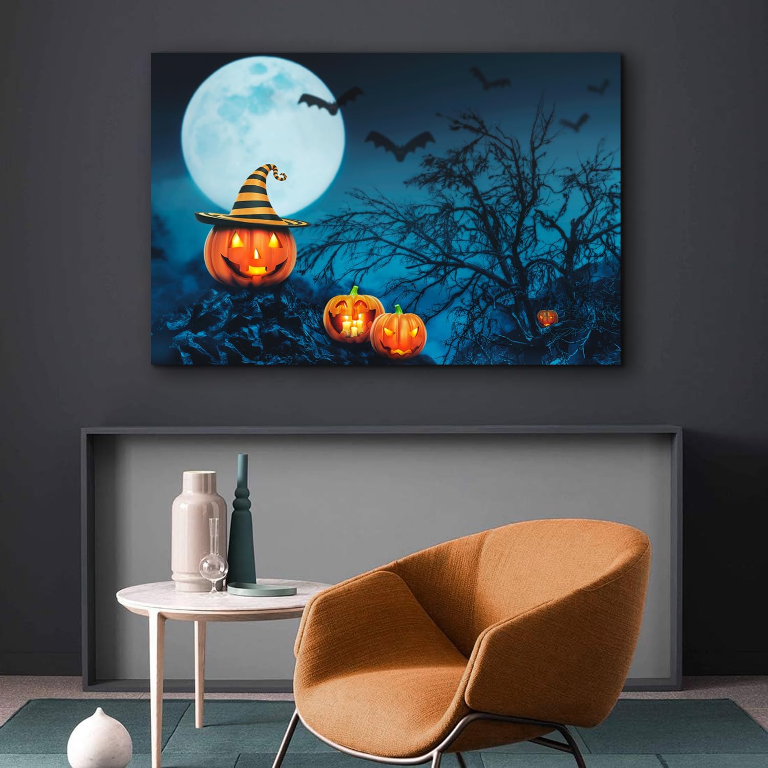 ZKBX – Arte para pared de Halloween, decoración de calabaza, murciélagos de luna, imágenes de noche de bosque oscuro de miedo, impresión en lienzo