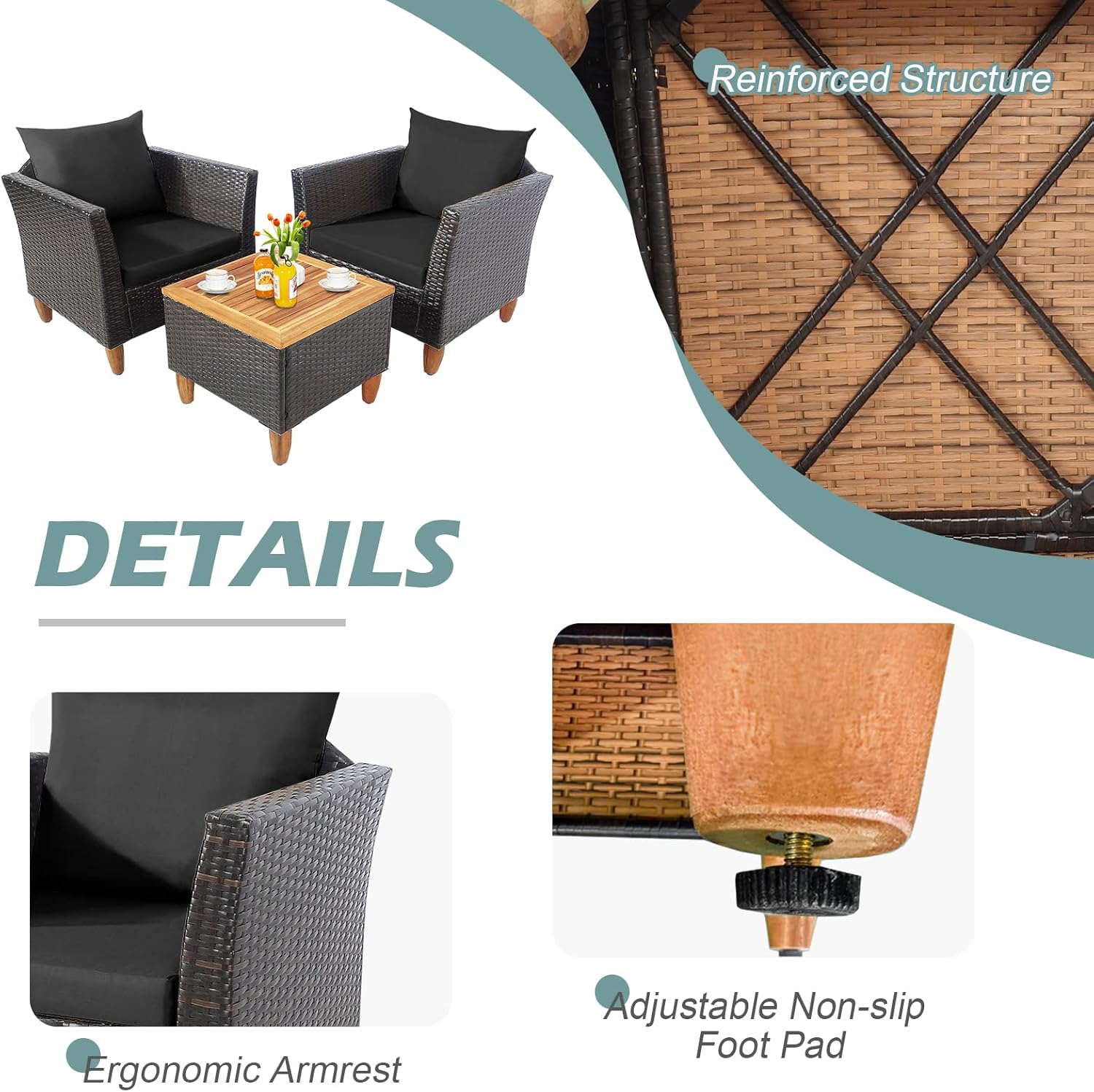 Tangkula Patiojoy Juego de muebles de patio de 3 piezas, juego de bistró de mimbre de polietileno para exteriores con cojines suaves y madera de