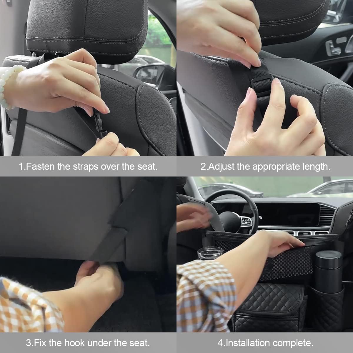 zipelo Soporte para bolso de coche entre asientos, soporte de cuero sintético con múltiples bolsillos de gran capacidad, barrera de bolsa de red