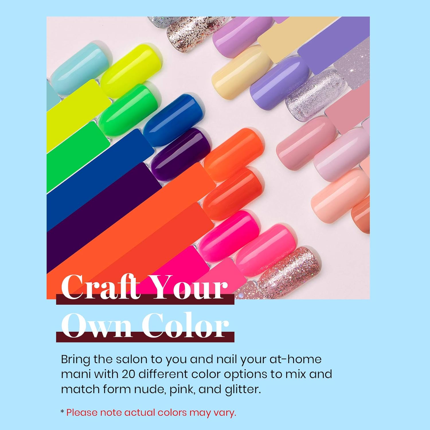 Beetles – Juego de 20 esmaltes de uñas de gel, color nude, rosa neón, rojo, pastel, amarillo, azul, con capa base superior brillante y mate, kit de