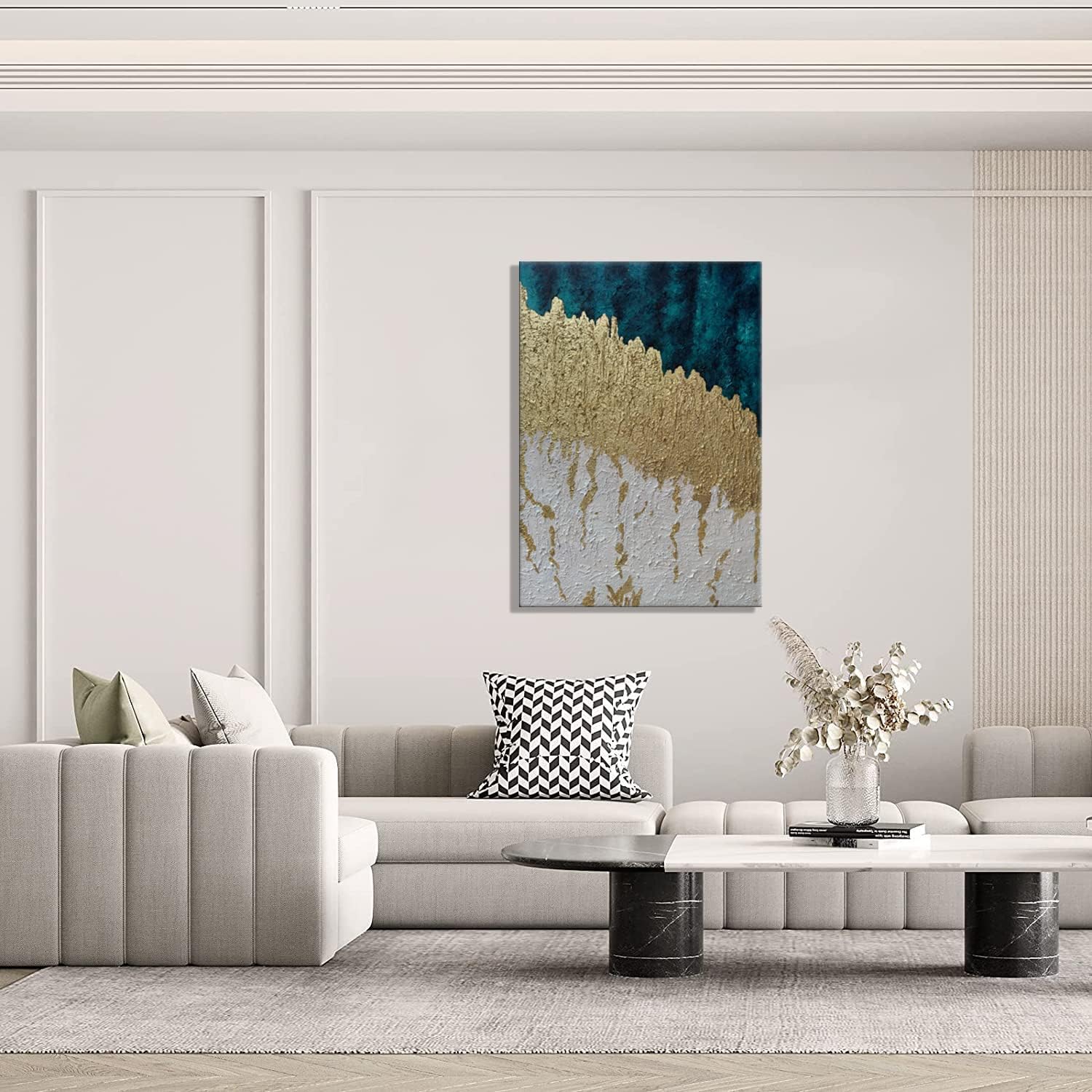 Slyart Lienzo vertical azul y dorado para pared, pintura al óleo moderna en 3D abstracta sobre lienzo, pintada a mano, obra de arte de metal