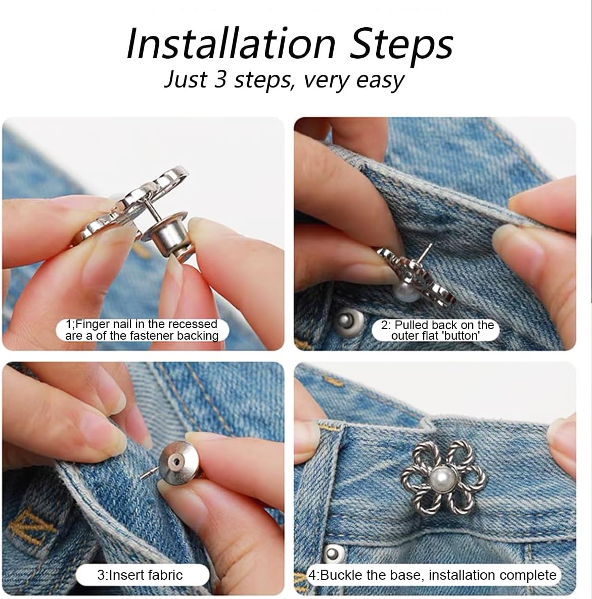 8 juegos de pantalones de mezclilla con botones y cintura ajustable, sin coser y sin herramientas, hebillas decorativas desmontables para la
