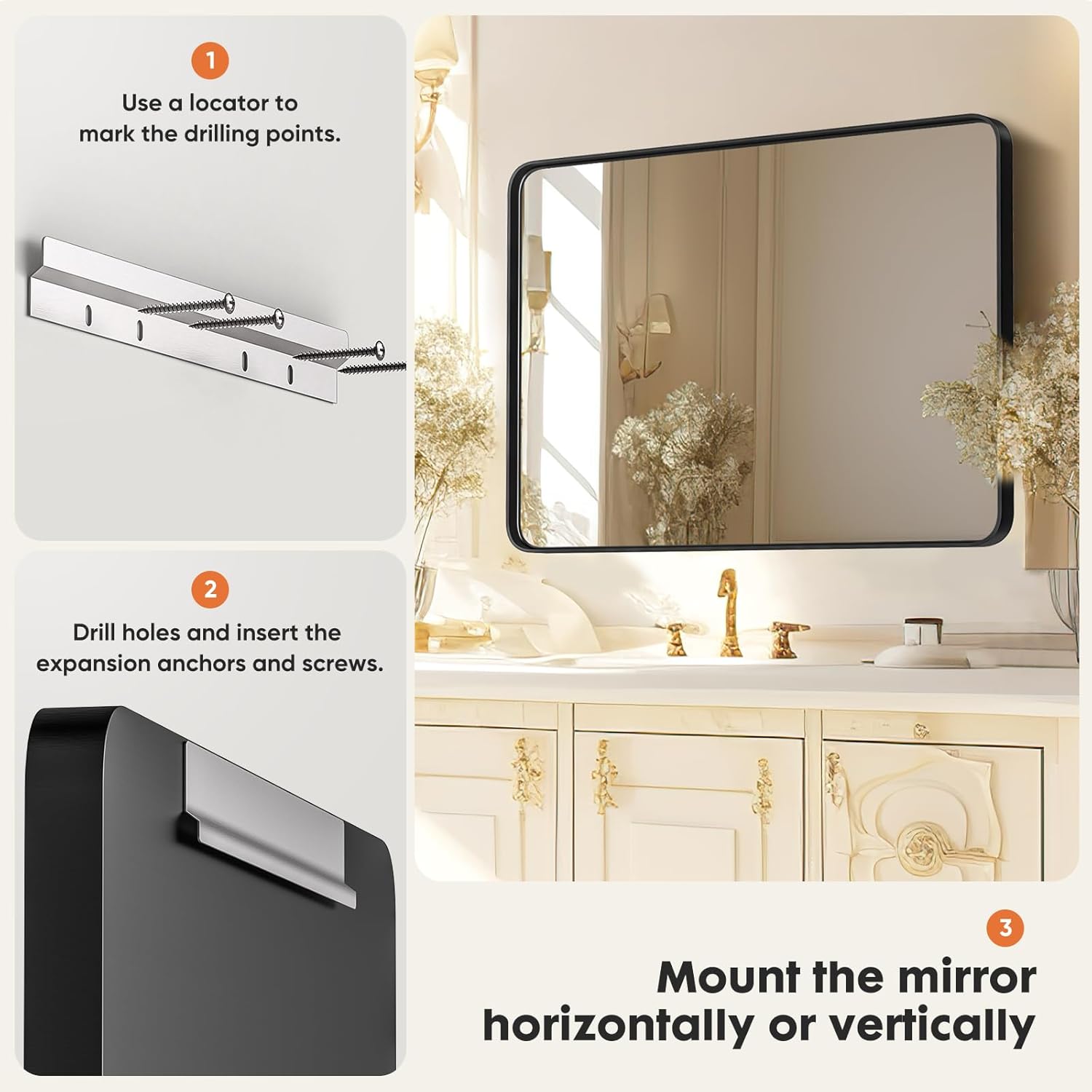 Sweetcrispy Espejo de tocador de baño negro para pared, 22 x 30 pulgadas, marco de metal, rectangular, antioxidante, vidrio templado, se cuelga