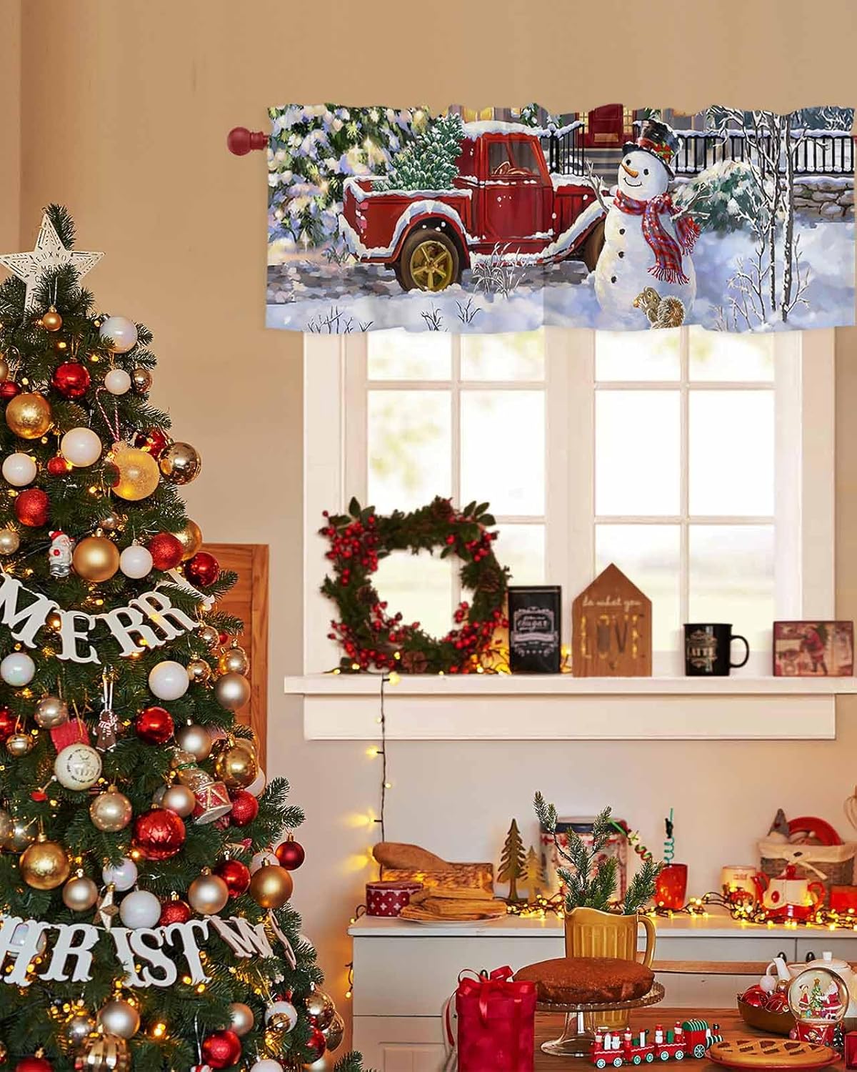 Cenefas de muñeco de nieve para ventana de cocina, camión rojo rojo con árbol de Navidad, cortinas cortas para decoración de invierno, vacaciones,