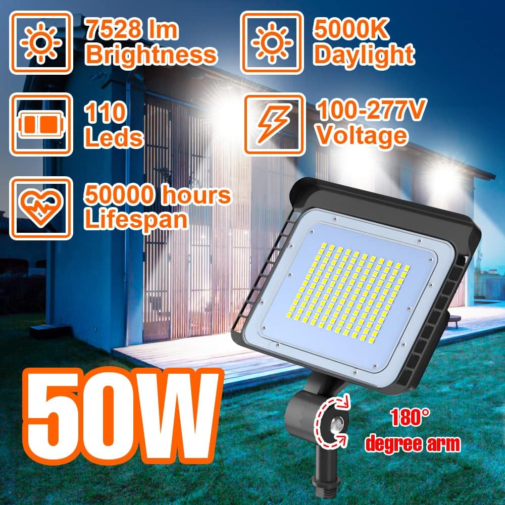 Paquete de 2 luces LED de inundación para exteriores, 50 W, sensor de fotocélula del atardecer al amanecer, 5000 K, luz diurna, 7528 lm, iluminación